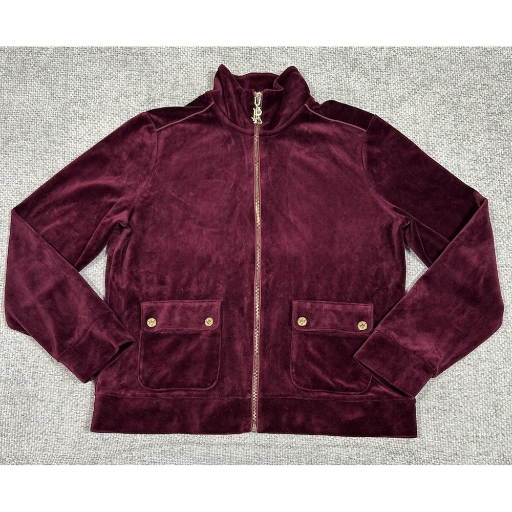 Lauren Ralph Lauren Jacket‎ Womens Large Burgundy Gold Velour Track Preppy